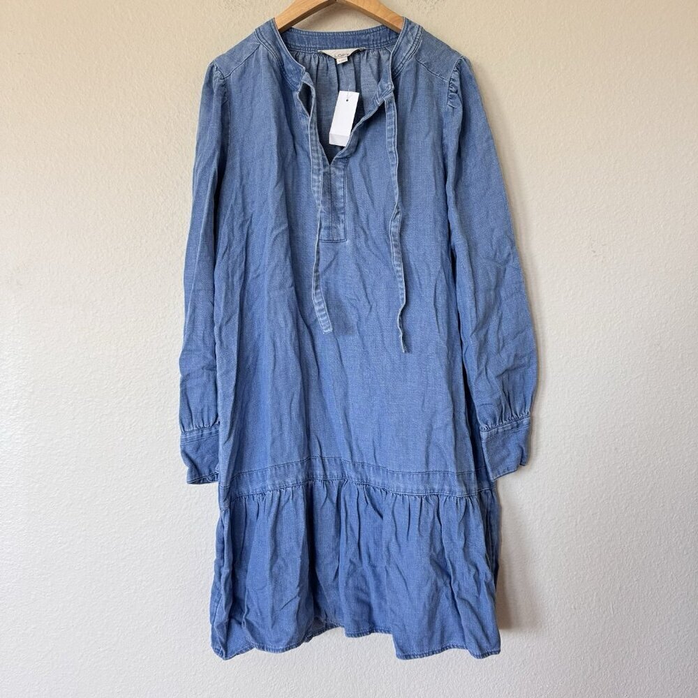 Loft Shirt Dress Womens Medium Blue Chambray V Neck Lyocell Linen Tiered